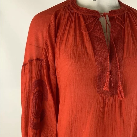 Madewell Sz XS 100% Cotton Gauze Embroidered Tunic Top Red Tie Neck Boho - Picture 2 of 6